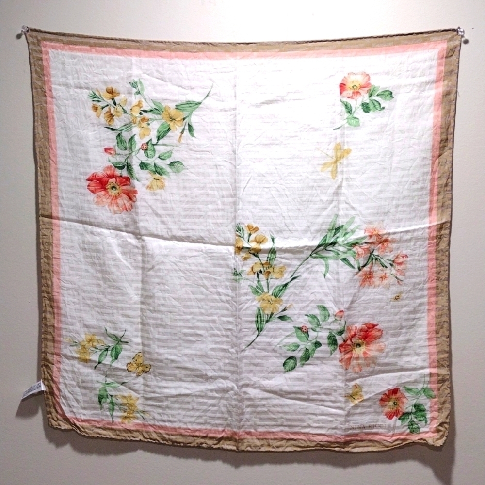 Designer Nina Ricci Butterfly Floral Scarf, Square Neck Muffler 22×22" Accessory - Picture 3 of 9